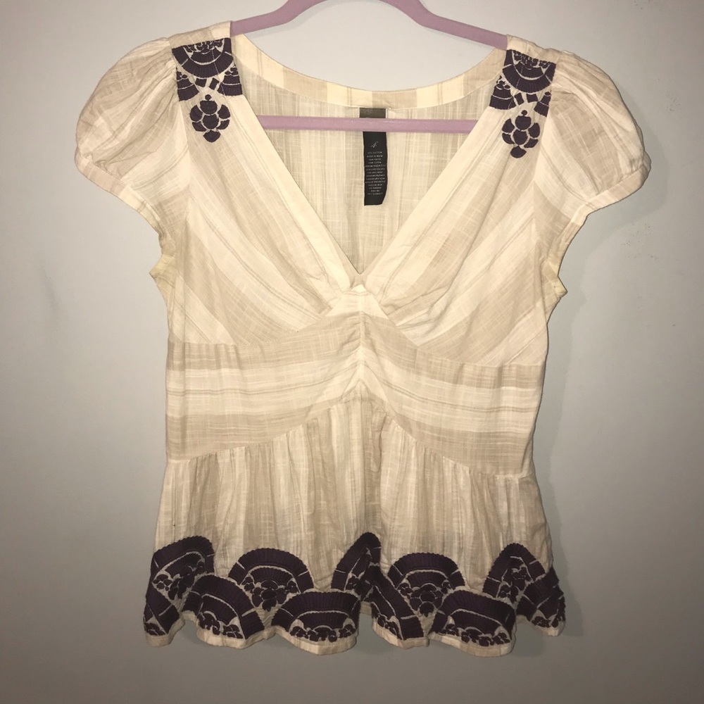 Anthro embroidered blouse linen and cotton.